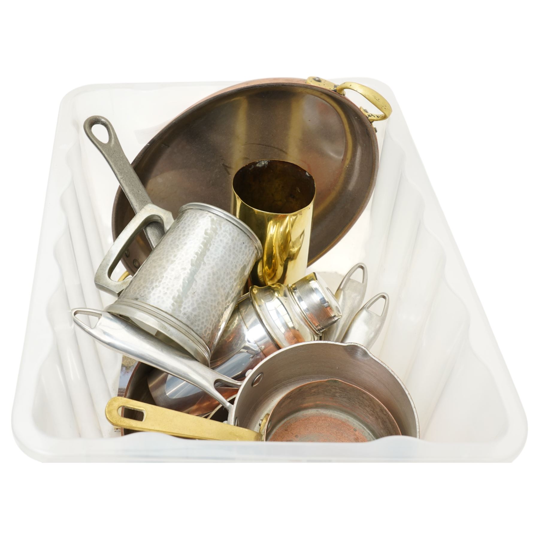 Copper pans, silver plated cocktail shaker, and other metalware in one box