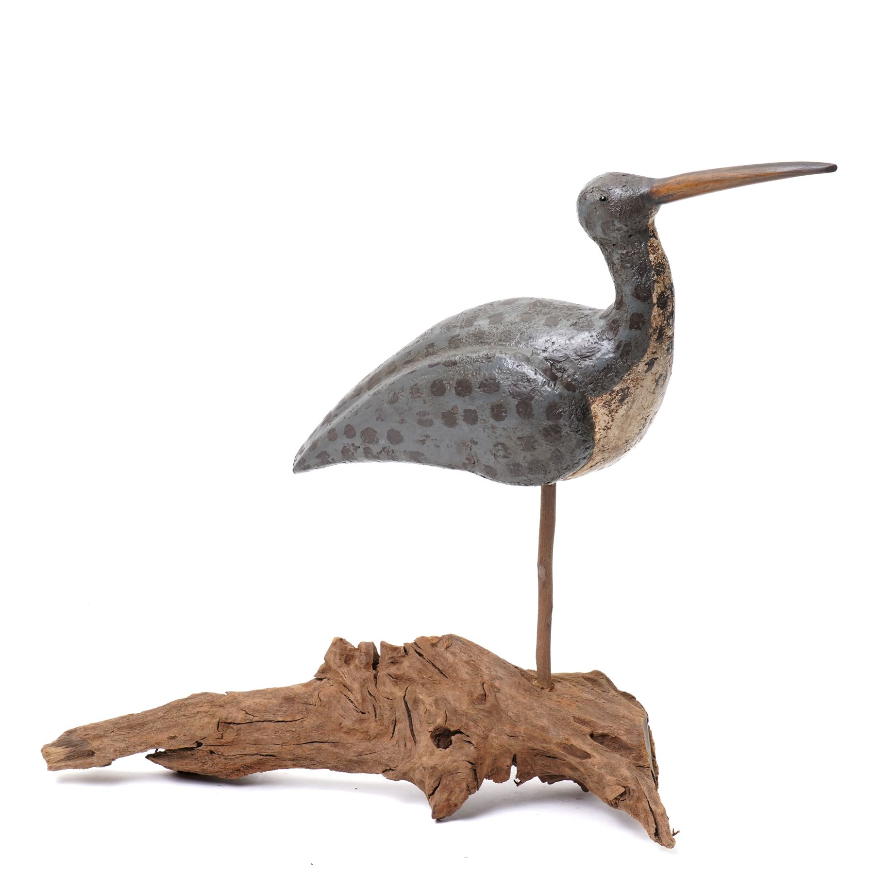 Carved decoy model of a Wader, c1900, on driftwood base, H38cm 