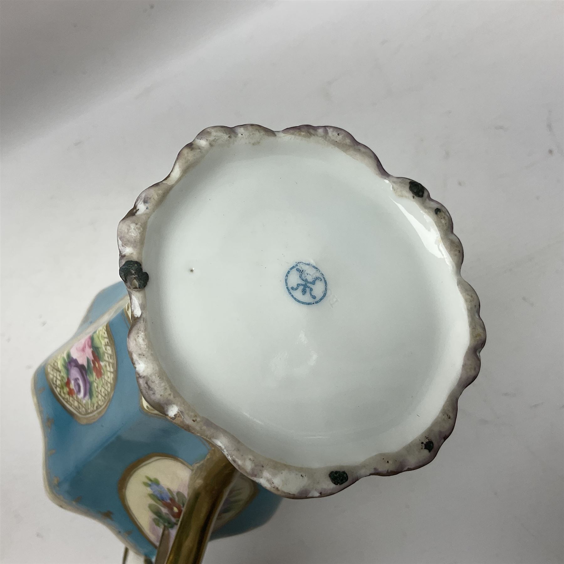 Noritake coffee service, hand painted with roses and gilt detail on a blue ground, comrosing coffee pot, five cups and saucers