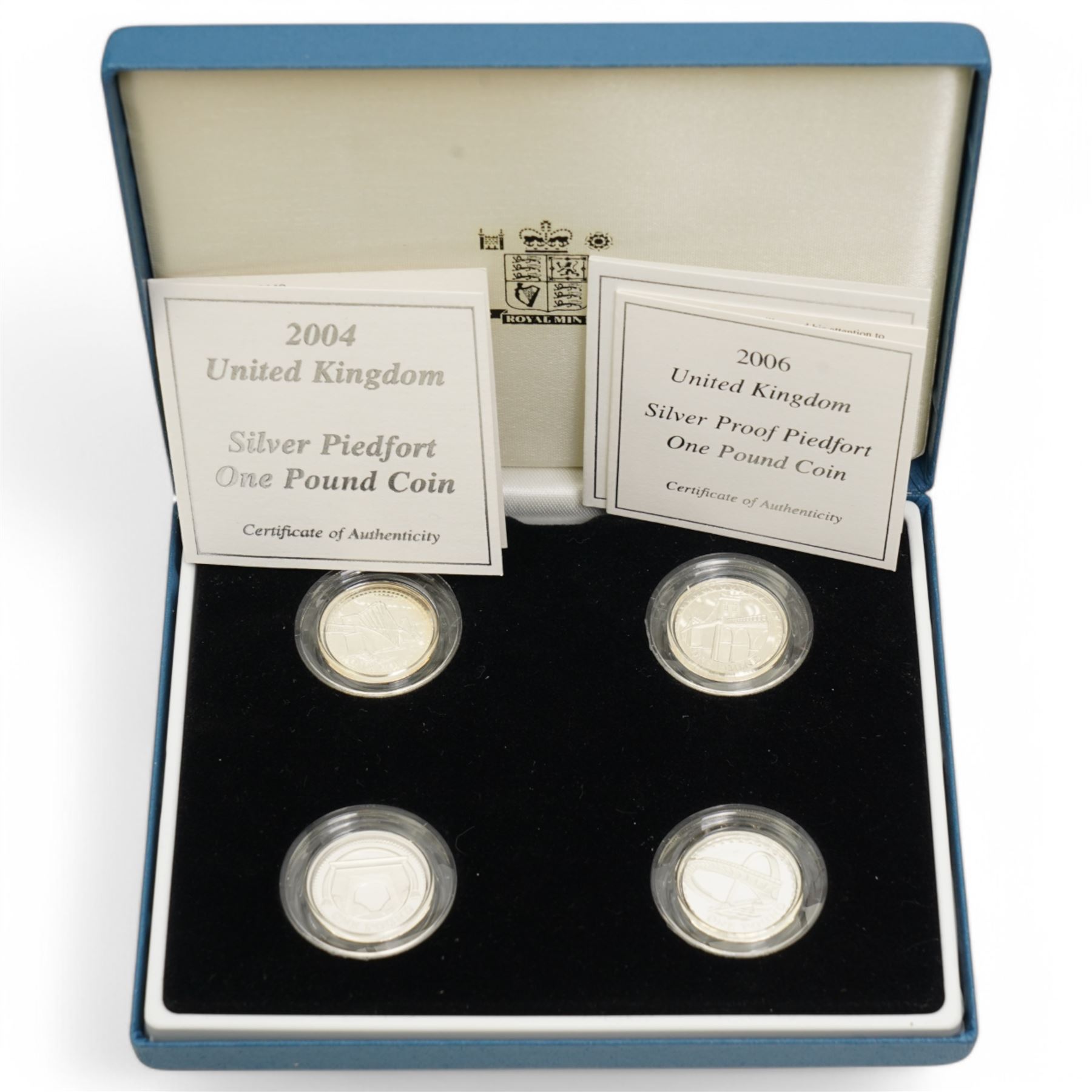 Six The Royal Mint United Kingdom silver proof one pound coins or sets, comprising 2004, 2005, 2006, 2007 'Bridges' four-coin set, 2010 and 2011 'Cities' four-coin set, 2013 'The 30th Anniversary Of The £1 Coin' three-coin set, 2013 and 2014 'Floral' four-coin set, 2016 'The Last Round Pound' and 2017 'Nations of the Crown', all cased with certificates