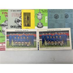 Football programmes - thirteen various England and England Youth matches 1953-77; European Cup Winners Cup Final May 19th 1965 TSV Munchen 1860 v West Ham; European Champions Club Cup Final May 29th 1968 Benfica (1) v Manchester United (4), the famous Bobby Charlton final; seven Wealdstone F.C. 1950-66 including London Senior Charity Cup Final May 10th 1952; Harrow Town Football Challenge Cup April 14th 1948; and eight F.A. Amateur Cup Finals and Semi-Finals plus three song sheets 1956-68 (34)