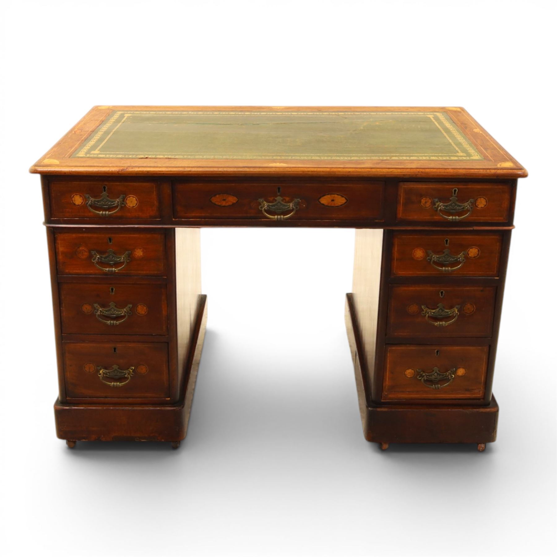 19th century inlaid mahogany pedestal desk, rectangular top with green gilt tooled leather inset and satinwood fan paterae corners, fitted with nine drawers with brass swing handles, raised on twin plinth pedestals with castors