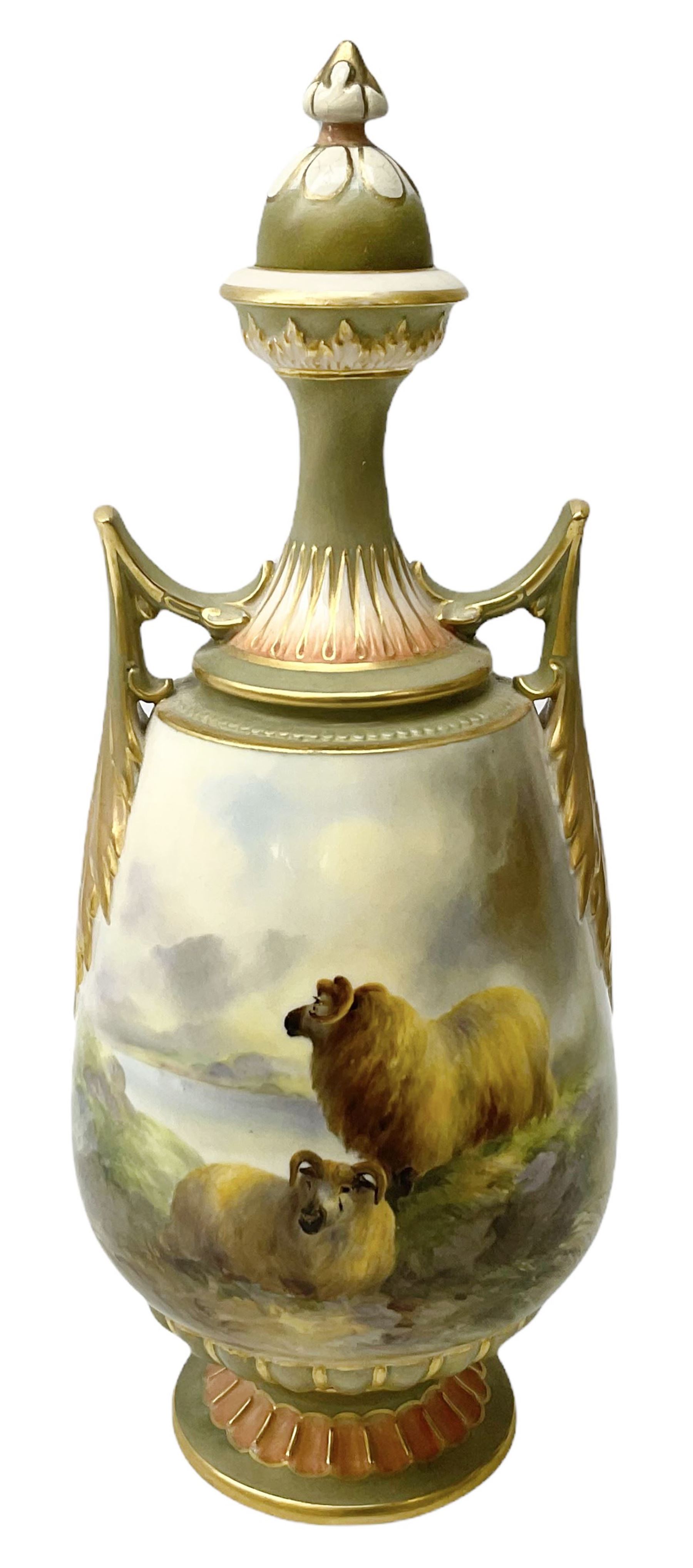 Early 20th century Royal Worcester vase decorated by Harry Davis, of ovoid form with twin acanthus mounted handles and waisted high neck supporting a domed cover, upon a circular foot, the body hand painted with sheep in a highland landscape, signed H Davis, with puce printed marks beneath including shape number 2425, and date code for 1907, H27.5cm