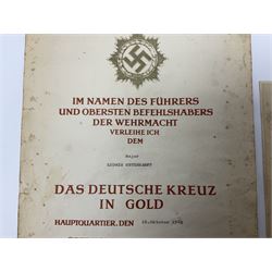 Three German documents dated 1942 - Gold Cross award to Major Ludwig Osterkampf; and Crete wound certificate and cuff title certificate awarded to Feldwebel Alfred Glaise; all unframed (3)