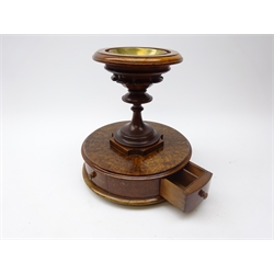  Victorian desk tidy, the burr wood drum shaped base with pull through fitted drawer and two smaller drawers, with turned and carved column supporting a bowl top, H30cm   