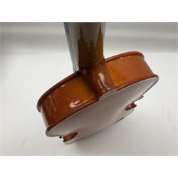 Three Stentor Student violins - three-quarter size with 33cm two-piece back; and two quarter size each with 28cm two-piece back; each in carrying case with bow (3)