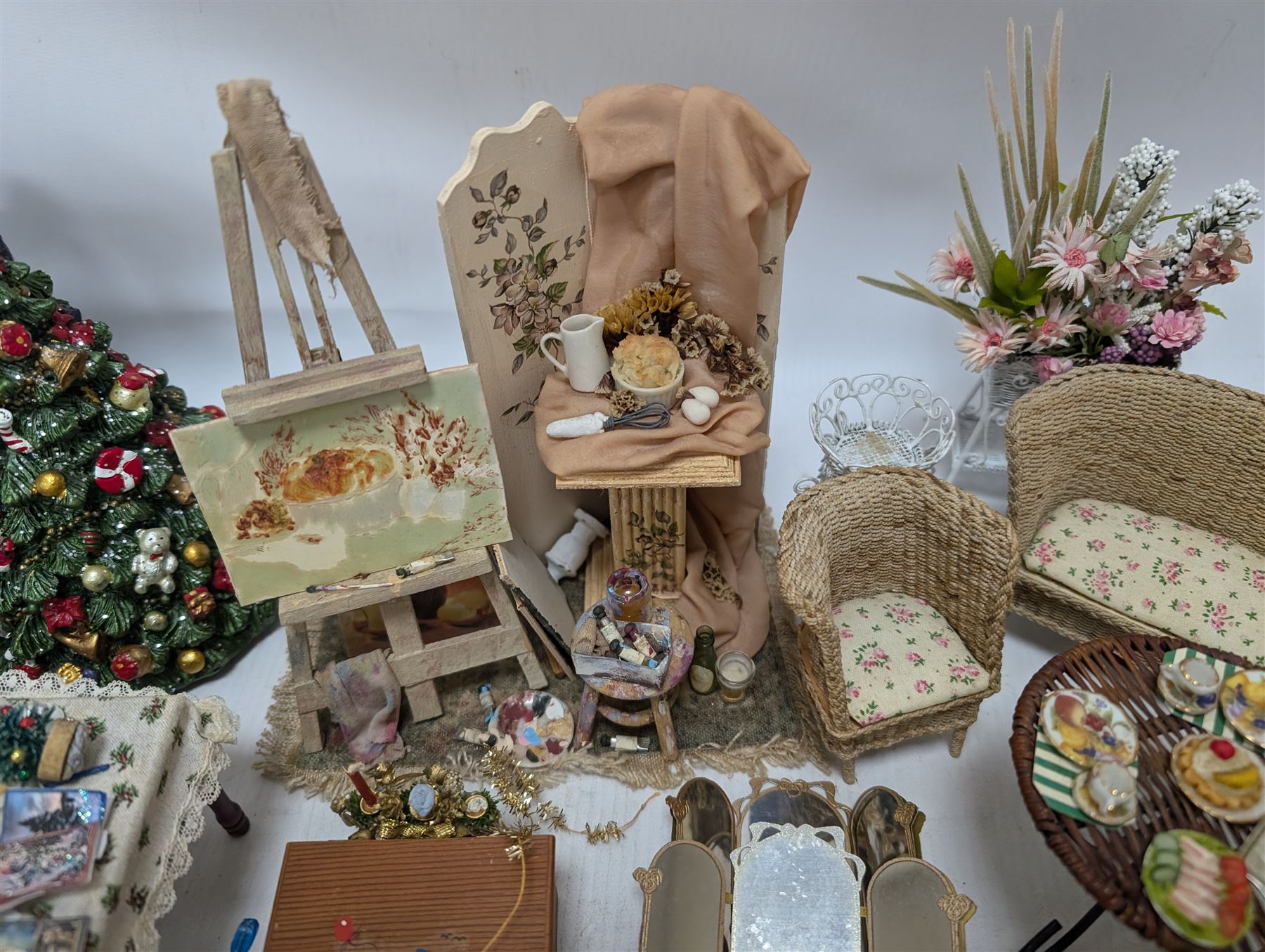 Dolls house conservatory and garden accessories, including sofa and chairs, trees, plants, paintings, Christmas decorations, etc 