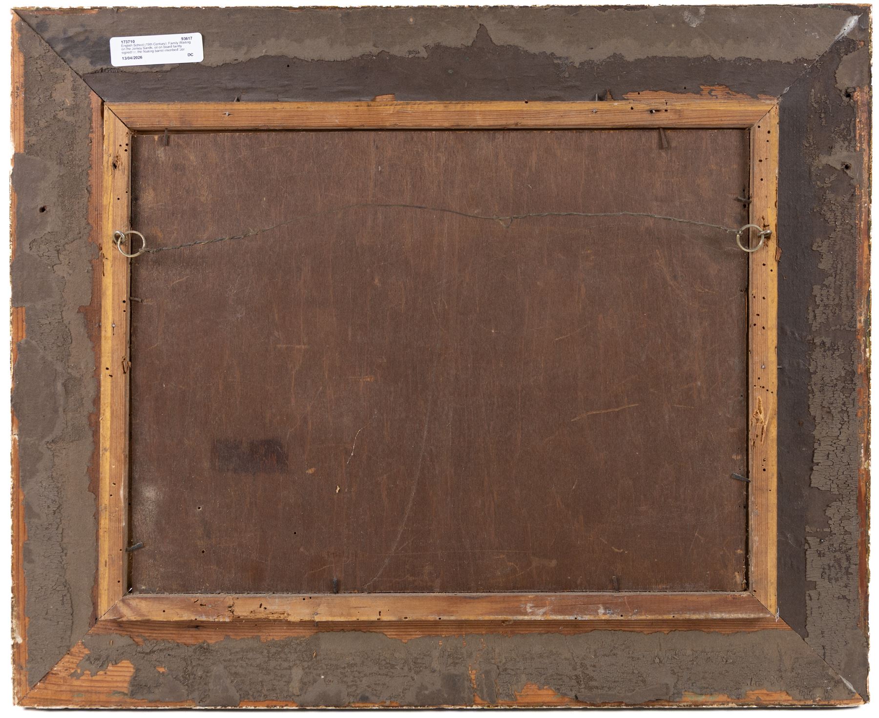 English School (19th Century): Family Waiting on the Jersey Sands, oil on board faintly signed l.r, the floating barrel inscribed 'Jersey', 25cm x 35cm 