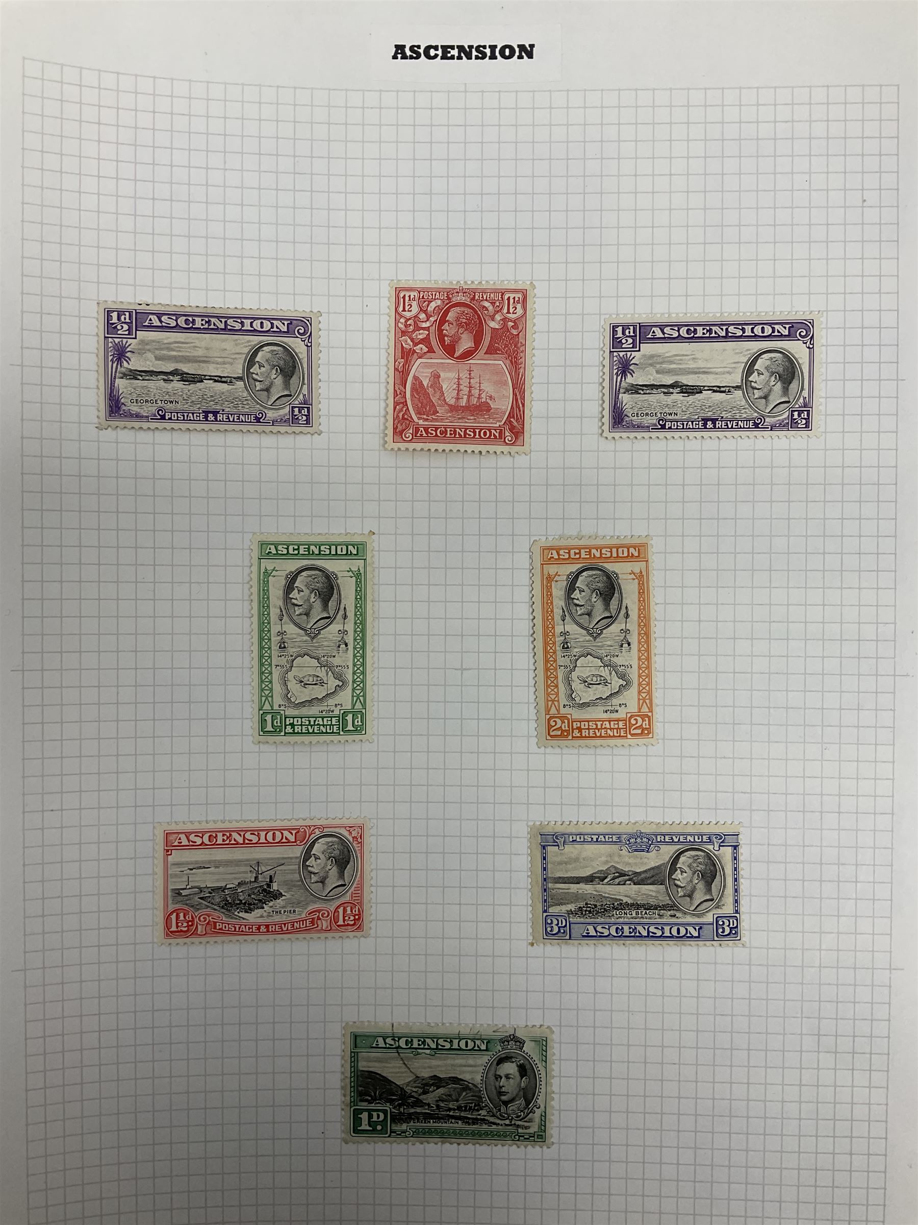 Aden King George VI and later stamps, including 1939-44 used values to five Rs etc and Ascension King George V and later stamps, including KGVI 1937 unused values to ten shillings etc, housed on pages