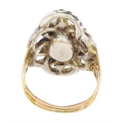 19th century gold and silver marcasite portrait ring, set with an oval miniature of a woman on ivory, under a glazed panel, with a marcasite and red stone set crossover surround, with pierced gold shoulders and reeded shank. This lot has been registered for sale under Section 10 of the APHA Ivory Act