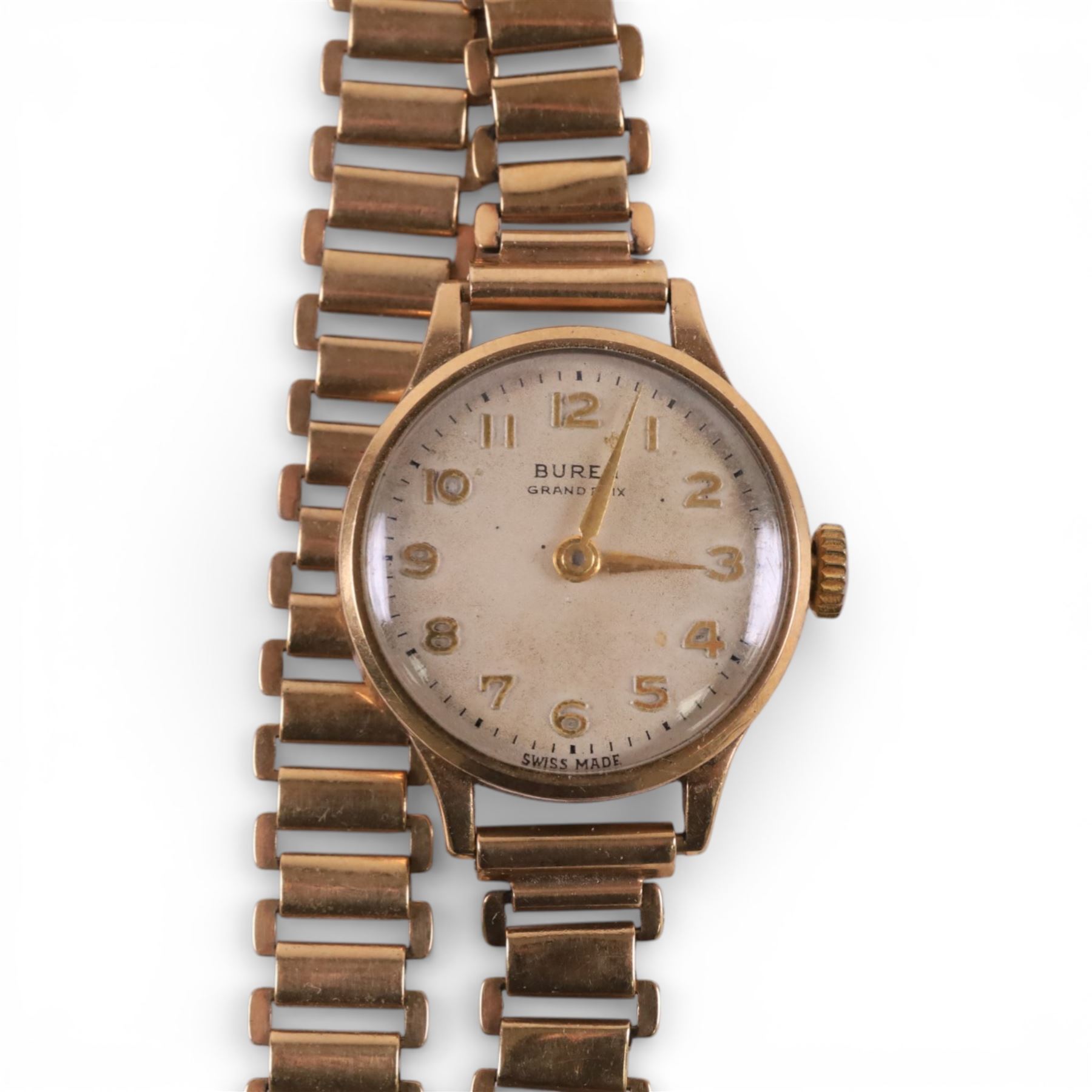 Buren 9ct gold manual wind presentation wristwatch, on 9ct gold bracelet strap, hallmarked