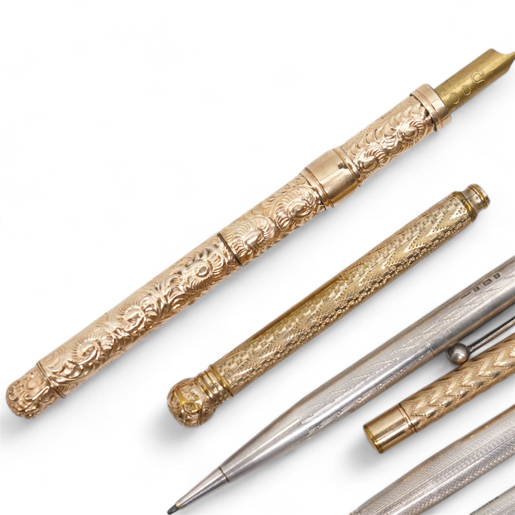 Propelling pen/pencil in gilt metal embossed case, Yard o Lette silver pencil,  silver bridge marker, two other silver pencils and two rolled gold pencils