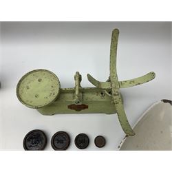 Chalwyn Tropic oil lamp, together with additional glass for Chalwyn lamps and vintage green painted metal Siddons kitchen scales with weights