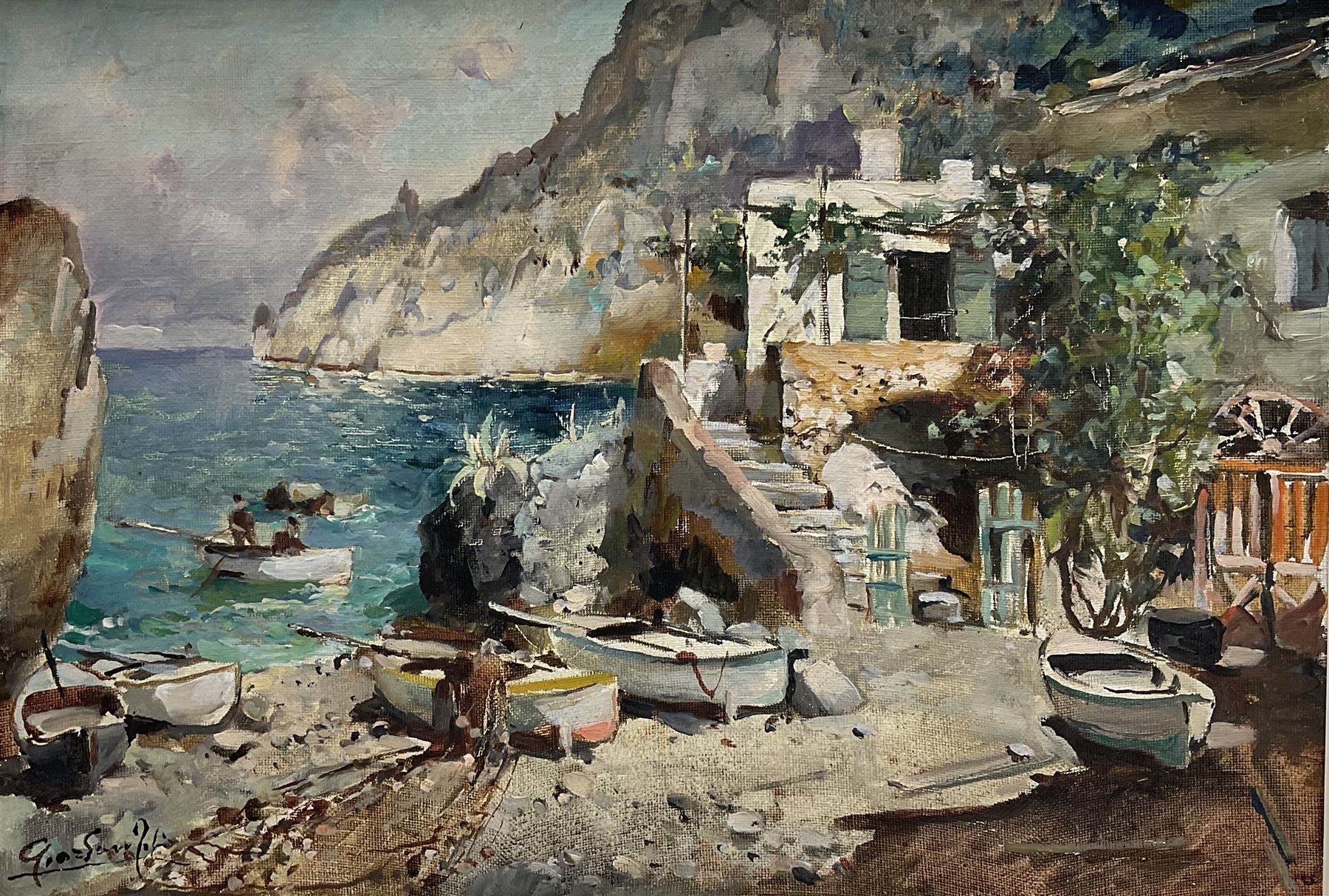 Felice Giordano (Italian 1880-1964): 'Small Harbour in Capri', oil on canvas signed 35cm x 49cm