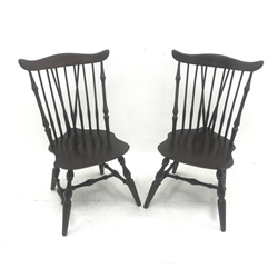 Pair vintage Stol hard wood stick back chairs, shaped cresting rail, turned supports joined by stretcher, W53cm