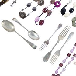 Collection of costume jewellery, included beaded necklaces and brooches, silver plated cutlery and ceramic trinket boxes etc