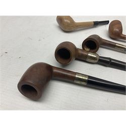 Collection of eight silver mounted pipes, comprising a briar wood Imperial ITC example with silver collar hallmarked A.W Birmingham 1903, horn handled example with silver collar hallmarked LB, probably Louis Blumfeld, Birmingham 1900, three examples marked B.W, one marked Globe A.O.C, Blumfeld's Best Briar pipe marked BBB and Riseagle example, together with two further pipes (10)