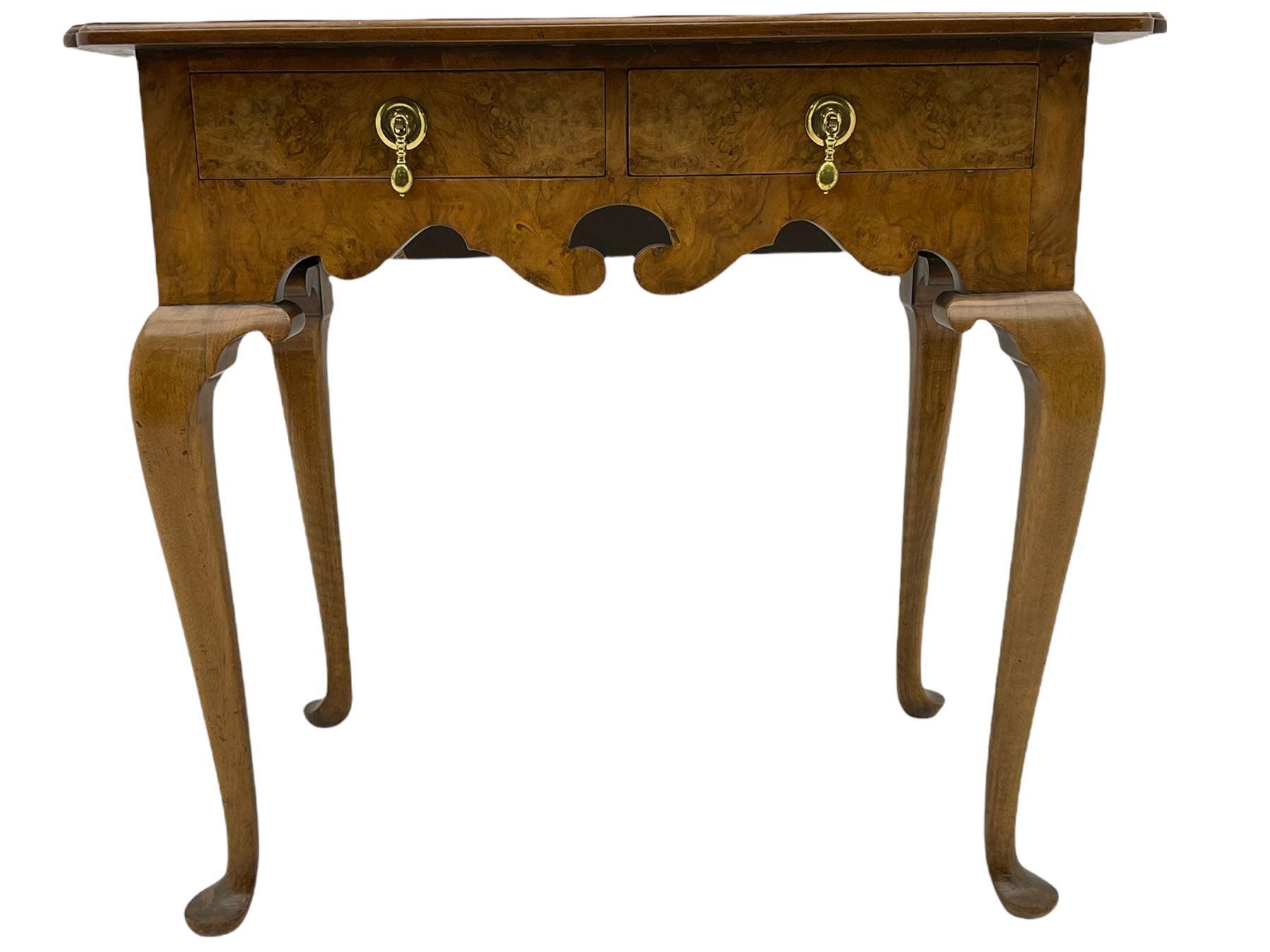 Queen Anne style figured walnut lowboy, moulded rectangular top with band,  over shaped apron fitted with two drawers, on cabriole supports