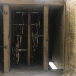 Early 20th century Postman’s alarm clock, circular beech frame dial, D28cm (no weight or pendulum)