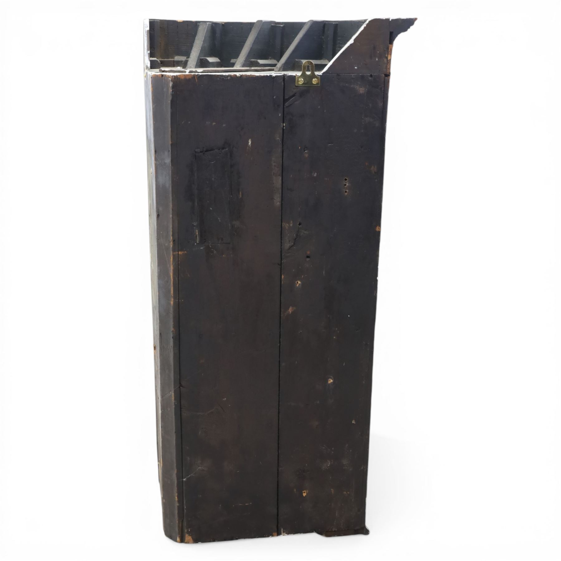 George III mahogany bow-front corner cupboard, projecting moulded cornice over satinwood inlaid frieze with geometric crossbanding, enclosed by twin shaped panel doors with line inlay and ornate brass escutcheon plates, painted interior fitted with shaped shelves, on moulded plinth base