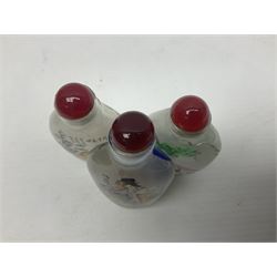 Seven Chinese glass snuff bottles painted with figures and animals, together with three wood mounted bone examples