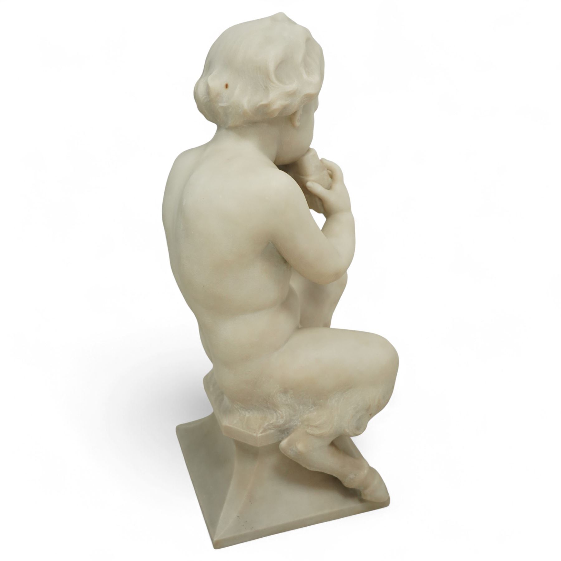 Follower of Claude Michel Clodion (French 1738-1814): The Putti-Faun Orchestra - set of four Italian carved white marble figures of child satyrs as musicians, each finely carved figure depicting a seated putto-faun with youthful features and small goat’s legs and cloven feet, variously playing rustic instruments: a syrinx (Panpipes), a flute, a tambourine and clappers - each raised on an integral waisted square plinth, Italian, circa 1900

Provenance: Kirkham Hall

Notes: Inspired by the rustic god Pan and his followers, these putti-fauns reflect the late-19th-century revival of classical themes popular with Grand Tour collectors; their instruments evoke the god Pan’s pastoral music, while the carving and  composition exemplify the appeal of bacchic subjects in the Italian neoclassical tradition