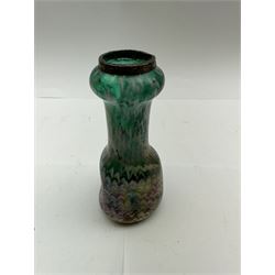 Three Austrian Art Nouveau green iridescent glass bottleneck vases, probably Rindskopf, to include one example with hallmarked silver collar, tallest H18cm (3)