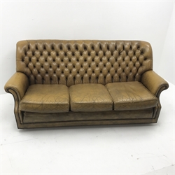 Pegasus three seat sofa upholstered in deeply buttoned antique brown leather, W185cm