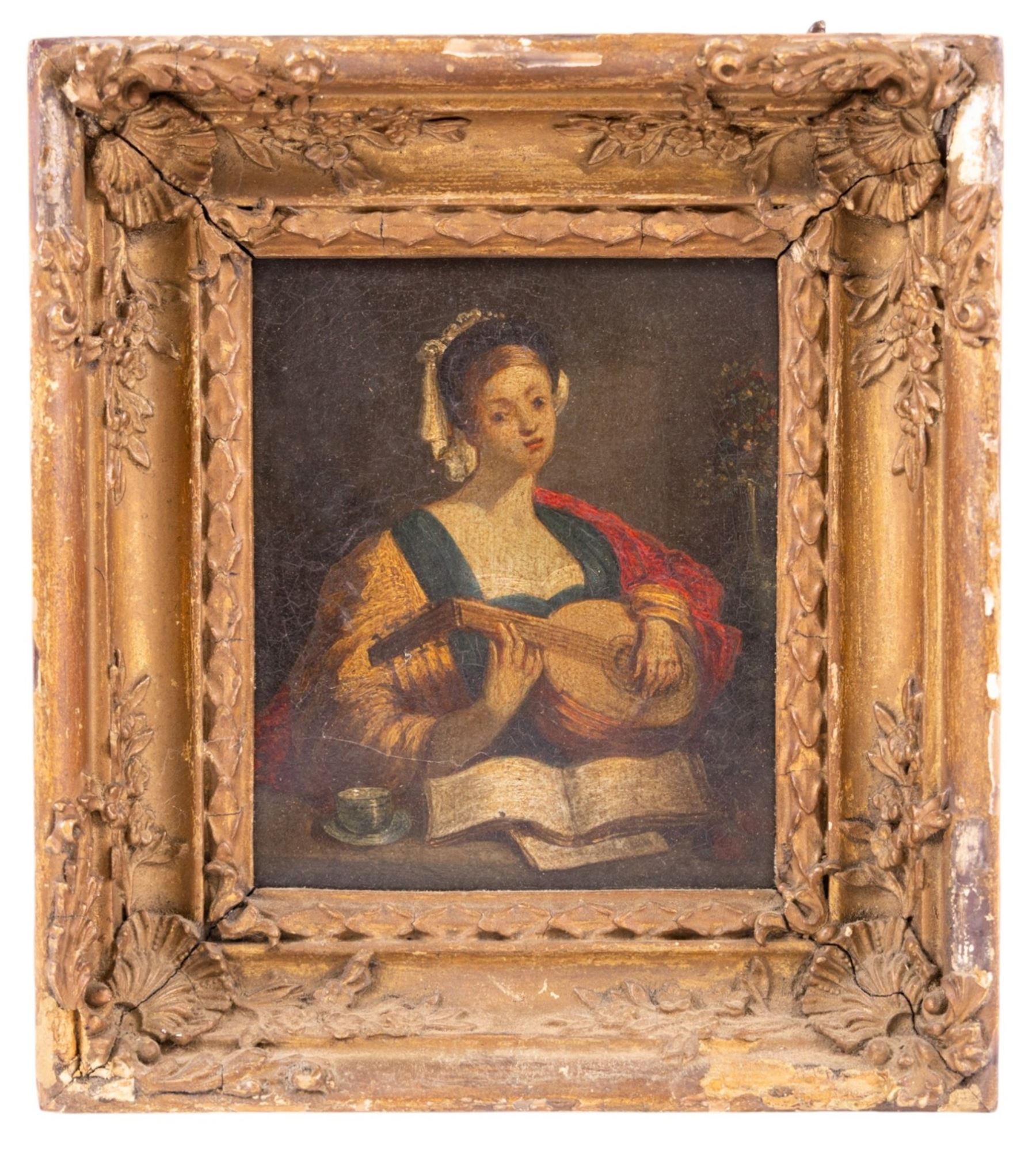 Spanish School (18th century): Young Lady Playing a Lute, oil on canvas unsigned 15cm x 13cm