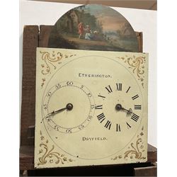 Etherington of Driffield - Rare three-train late 18th century 30-hour longcase clock in an oak case, flat topped hood with dentil moulding and blind fret, break arch hood door with attached pillars, trunk with a conforming door on a deep stepped plinth with shaped base, dial with a fully painted  arch and scroll spandrels in raised gesso, an unusual and rare dial having separate dials for the hours and minutes, dial inscribed 