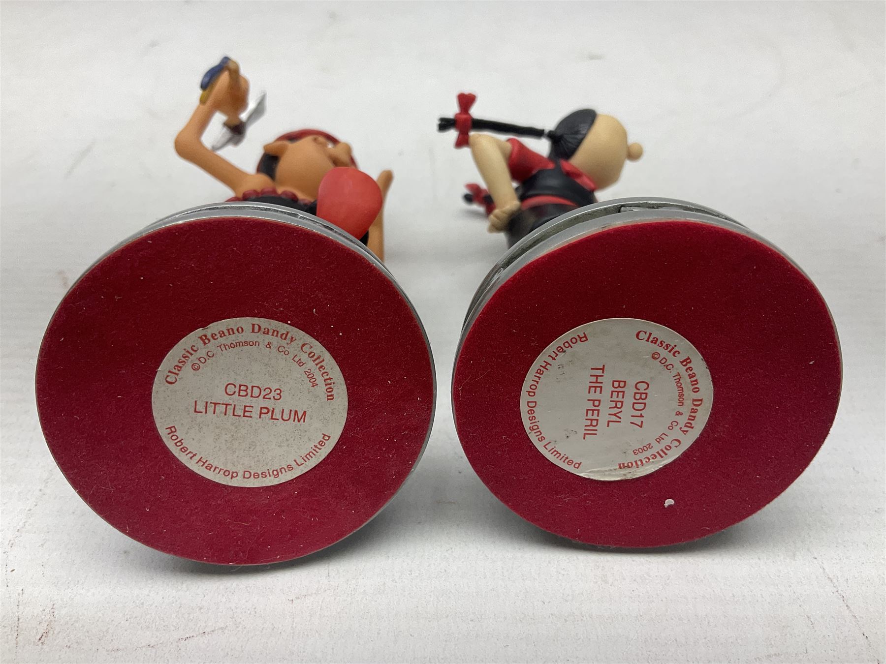 Ten Robert Harrop figures from the Beano Dandy collection, comprising Desperate Dan Keep on Rolling BDS10, Hank From The Three Bears BD37, Desperate Dan CBD15, Little Plum CBD23, 'Erbert CBD16, Fatty CBD08, Babyface Finlayson CBD06, Roger the Dodger CBD04, Beryl the Peril CBD17 and Collectors Plaque BDCP, all with boxes