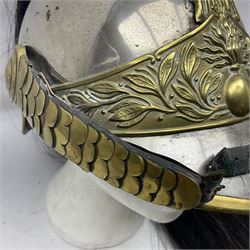 French 1874 Pattern Dragoon trooper's helmet with original liner and extra long criniere; stamped 10 DR with other numbers and Alexis Godilllo to the back of the helmet