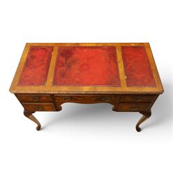 Early 20th century Queen Anne design figure walnut desk, triple inset leather writing surface, fitted with five drawers