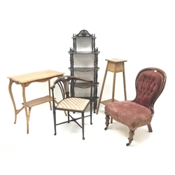  Victorian mahogany framed nursing chair, Edwardian satin walnut two tier table, 20th century five tier etage what-not, early 20th century oak plant stand and an Edwardian corner chair with upholstered seat (5)  