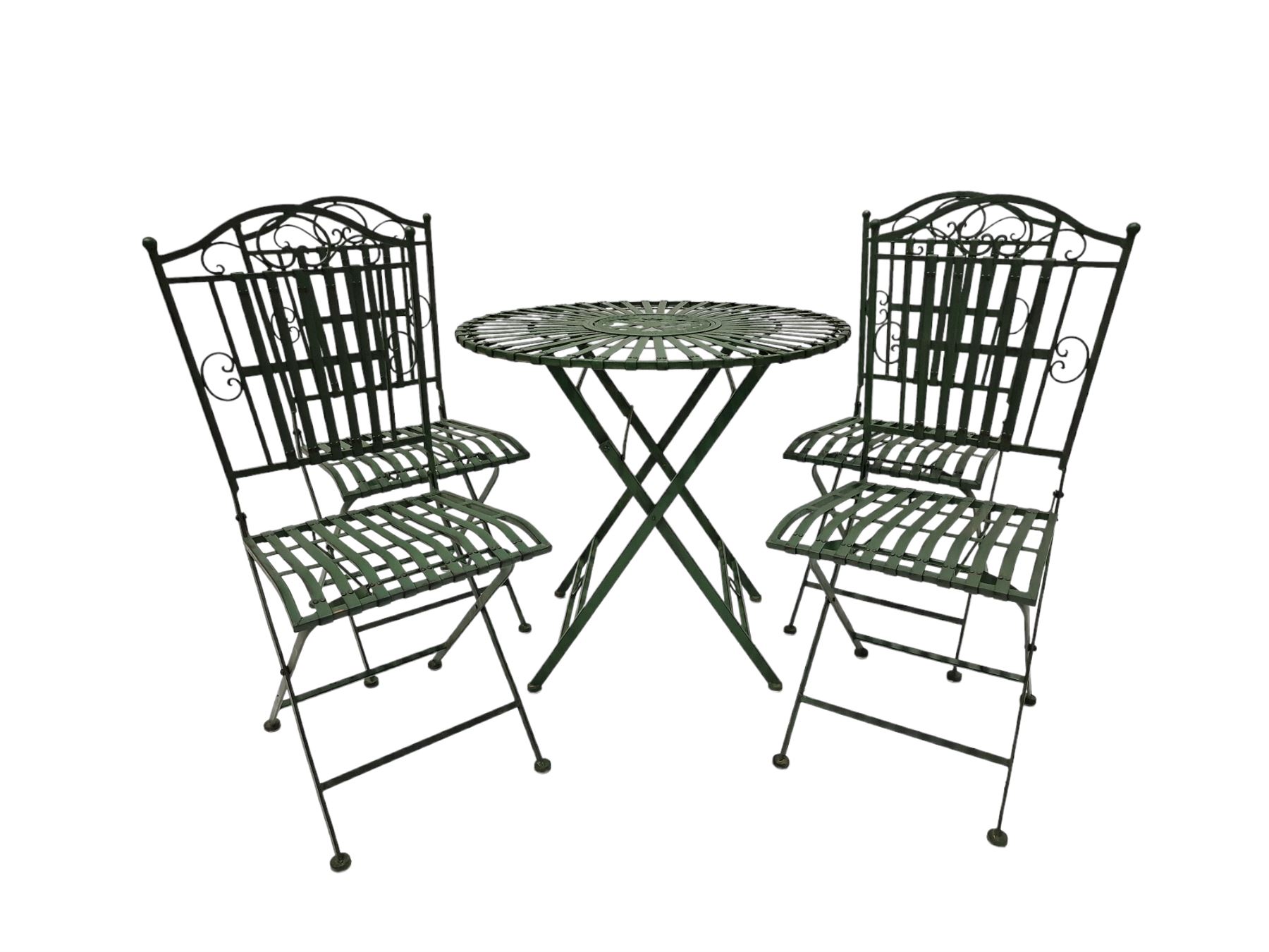 Wrought metal slatted round folding garden table and four chairs in green finish - THIS LOT IS TO BE COLLECTED BY APPOINTMENT FROM DUGGLEBY STORAGE, GREAT HILL, EASTFIELD, SCARBOROUGH, YO11 3TX