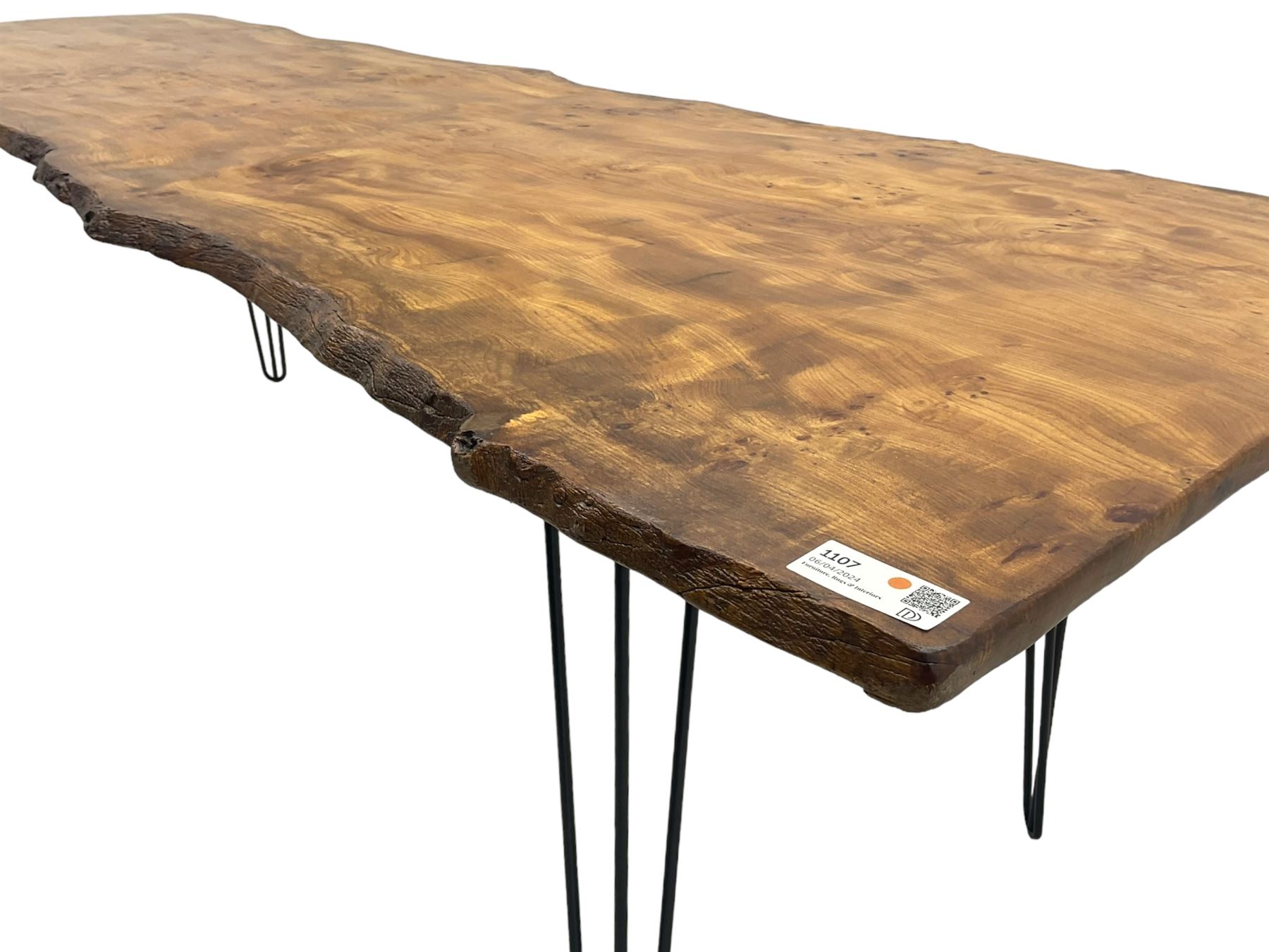 Rustic elm slab dining table, raw edge rectangular plank top, on black finish out-splayed supports 