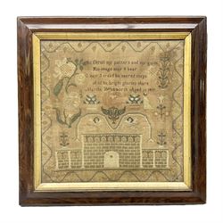 Victorian needlework sampler showing a mansion with cherubs and flowers, marked to the centre, 'Be Christ my pattern and my guide, his image I may bear, Oh I tread his sacred steps and his bright glories share', and surrounded by  a floral border, signed Martha Whitworth, age 11, 1819, framed, H56cm, L56cm 
