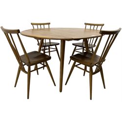 Ercol - elm and beech dining table, oval drop leaf top on square tapering splayed supports (113cm x 127cm, H71cm); set of four ercol 391 stick back dining chairs 