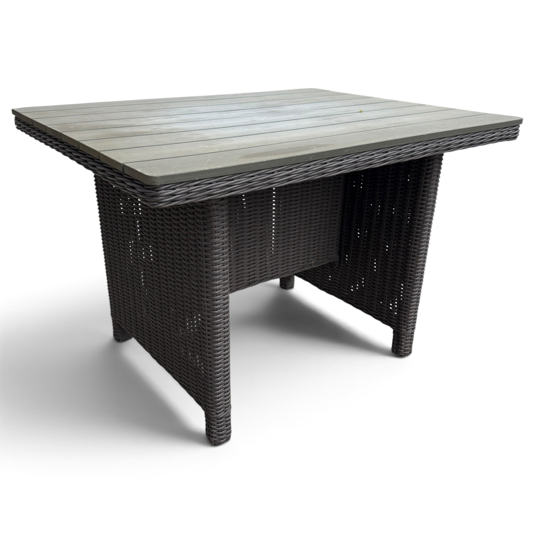 Kettler - Palma rattan garden lounge suite, comprising modular corner sofa (DIM) with slatted and rattan garden table on end supports (DIM), and three stools (DIM), with loose seat cushions