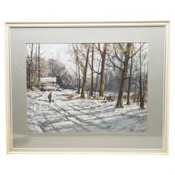 Aubrey R Phillips (Welsh 1920-2005): Walking the Dog on a Snowy Morning, pastel signed and dated '76, 51cm x 69cm