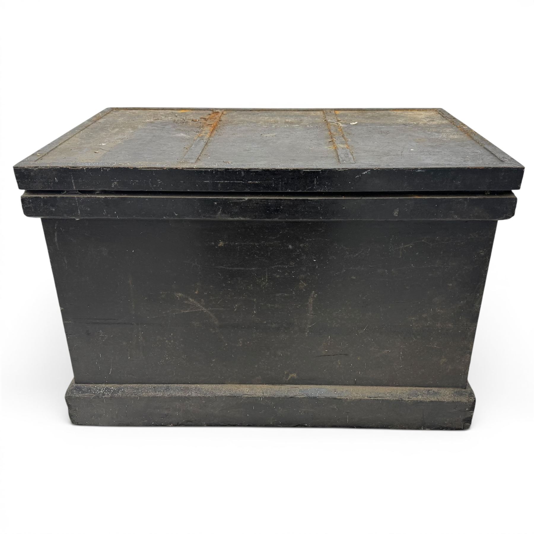 20th century black painted camphorwood lined tool chest, rectangular hinged lid over moulded edge, black painted exterior with iron straps and carry handles, the interior fitted with sliding lidded trays and drawers with turned handles, containing an assortment of hand tools