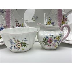 Shelley Wild Flowers pattern part tea service, comprising four cups and saucers, four dessert plates, cake plate, milk jug and open sucrier