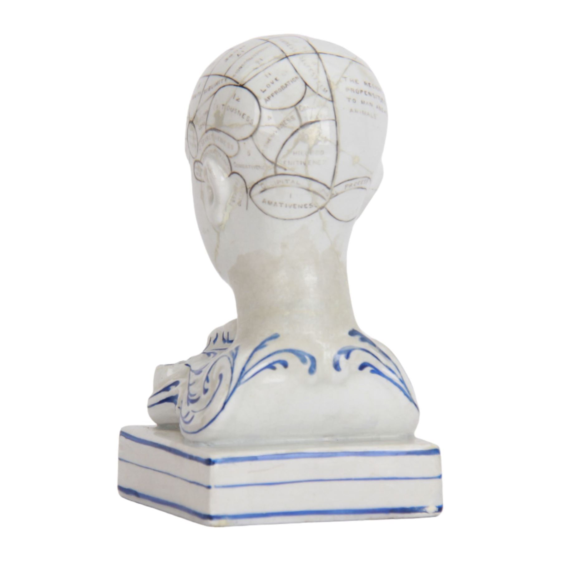 19th century Staffordshire pottery Phrenology head inkwell, circa 1860, the head mapped out, upon a scrolling base with pen/ink recesses and rectangular plinth impressed 'By F. Bridges Phrenologist', H14cm