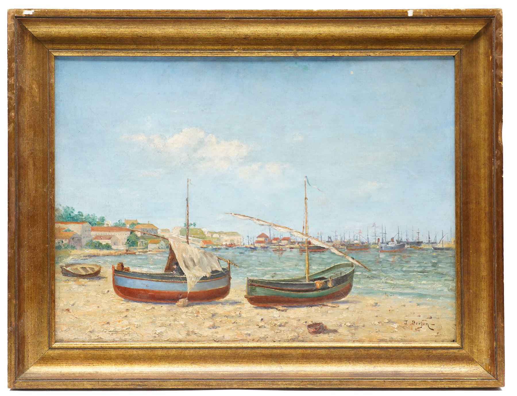 J Person (French School Early 20th Century): Impressionist Scene of Beached Sail Boats, oil on canvas signed 32cm x 44.5cm