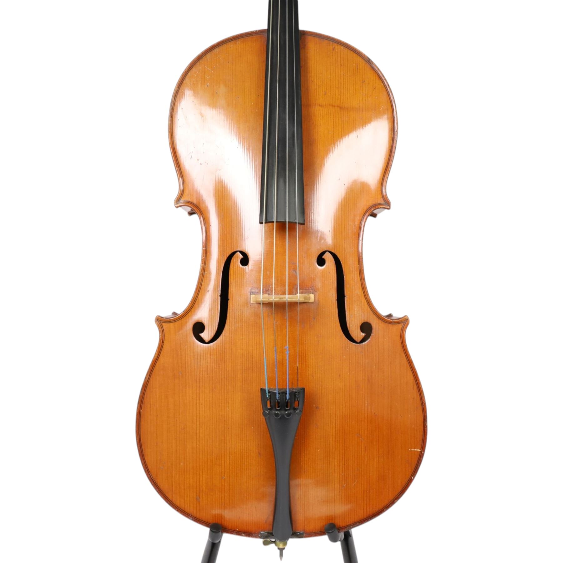 19th century cello, with two piece back, ebonised finger board and pegs, contained within Hiscox Lifelite case, cello back length 76cm