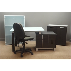  Desk with glass top, three drawers and one cupboard offset, (W149cm, H74cm, D70cm), and office swivel chair, a grey office cupboard, two glass doors enclosing two adjustable shelves, (80cm, H119cm, D43cm), and a grey and black office cupboard, two doors enclosing an adjustable shelf, W80cm, H80cm, D44cm  