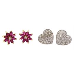 Pair of gold round brilliant cut diamond and marquise cut ruby cluster flower head stud earrings and a pair of white gold cubic zirconia heart stud earrings, both 9ct