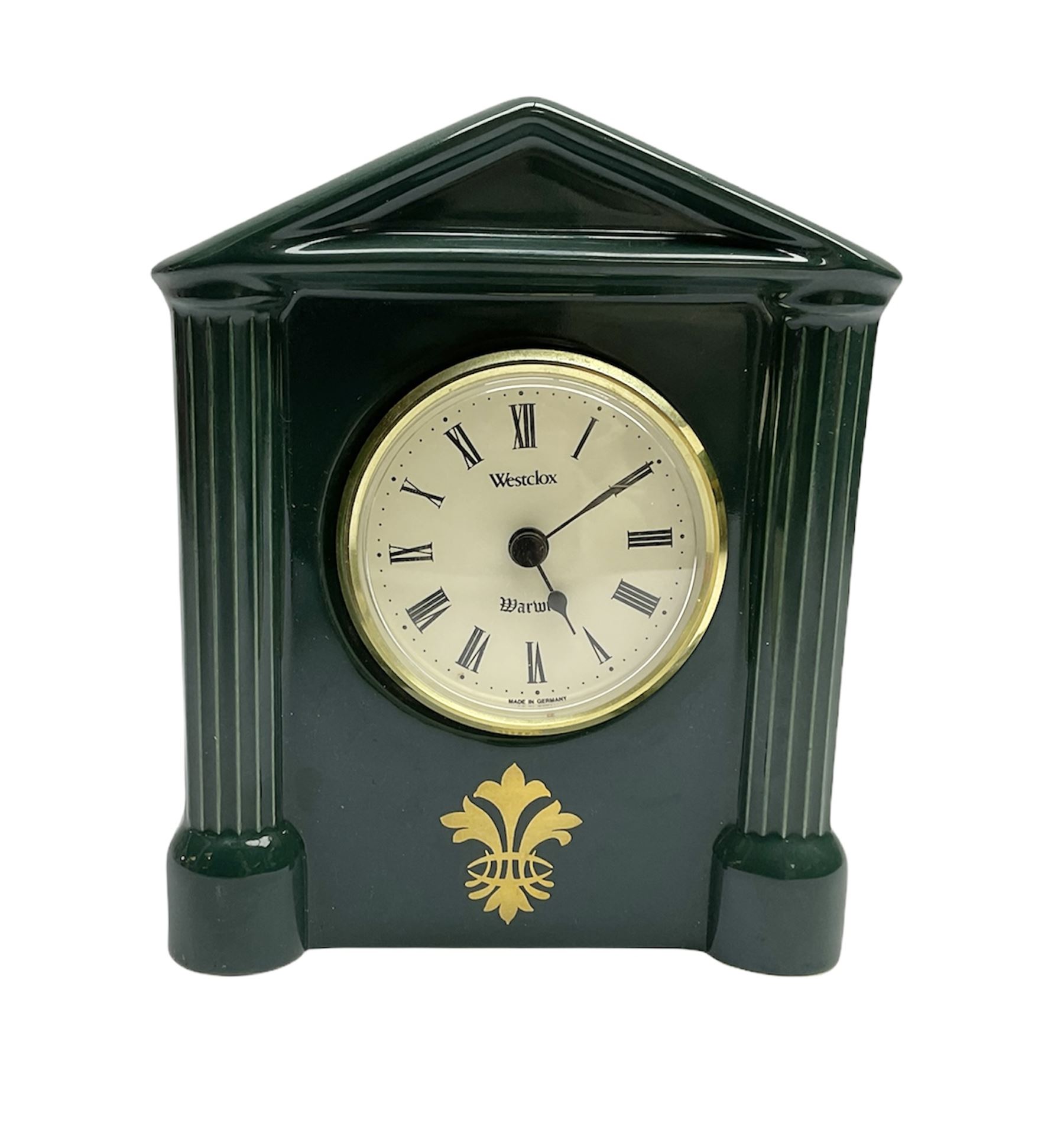 Hornsea emerald green Westclox Warwick ceramic mantel clock with battery operated movement, H15cm