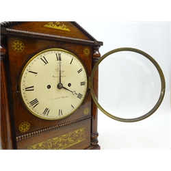  William IV brass inlaid rosewood and simulated rosewood Architectural cased bracket clock, 20cm circular convex Roman dial inscribed 'Baggs South Street, Berkley Square', twin train movement striking the hours on a bell, case with gadrooned detail, turned columns and bun feet, H51cm, W33cm, D16cm   