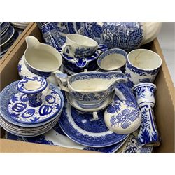 Collection of Victorian and later blue and white ceramics, largely decorated in variations of the Willow pattern, to include three large platters, two smaller platters, a number of plates of various size, bowls, jugs, cups, teapot, etc., in two boxes 